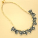 Beads Necklace with Denim Ribbons - Light blue x White flower